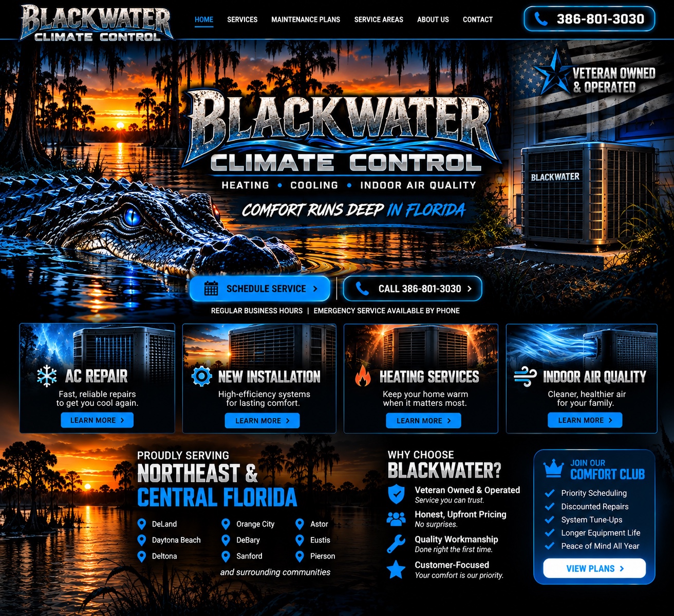 Black Water Climate Control website design with Florida swamp sunset, alligator, HVAC unit, services, and veteran-owned branding